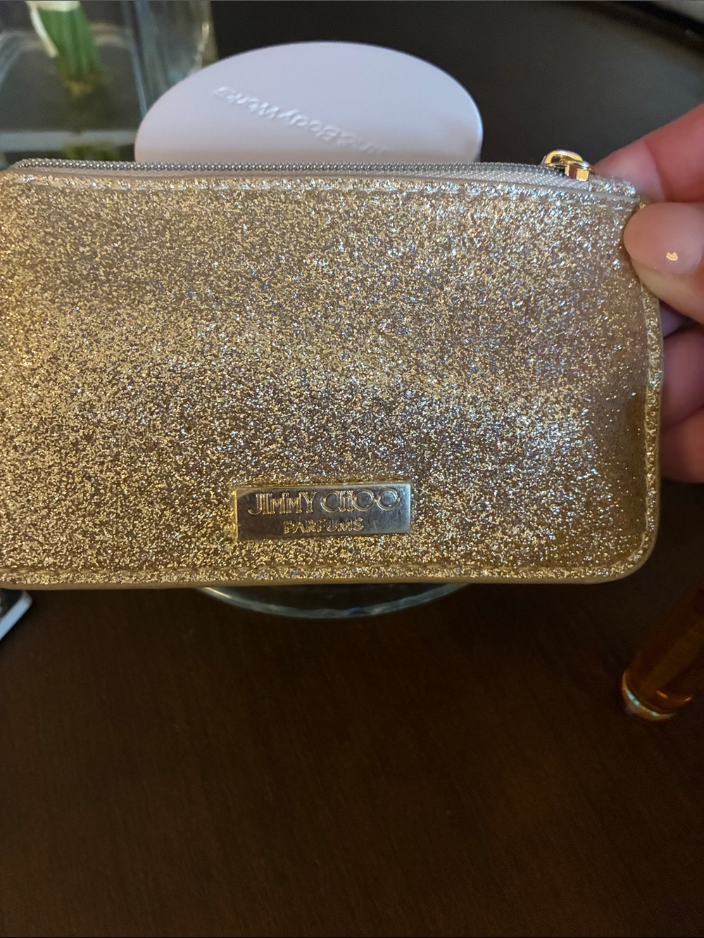 Jimmy Choo Gold Glitter Cosmetic Pouch